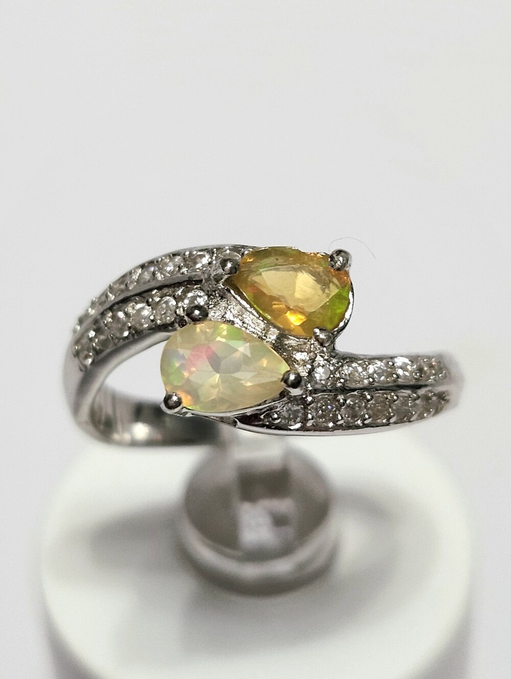 Opal Teardrop Double Stone Ring with Pavé Accents size 6.5